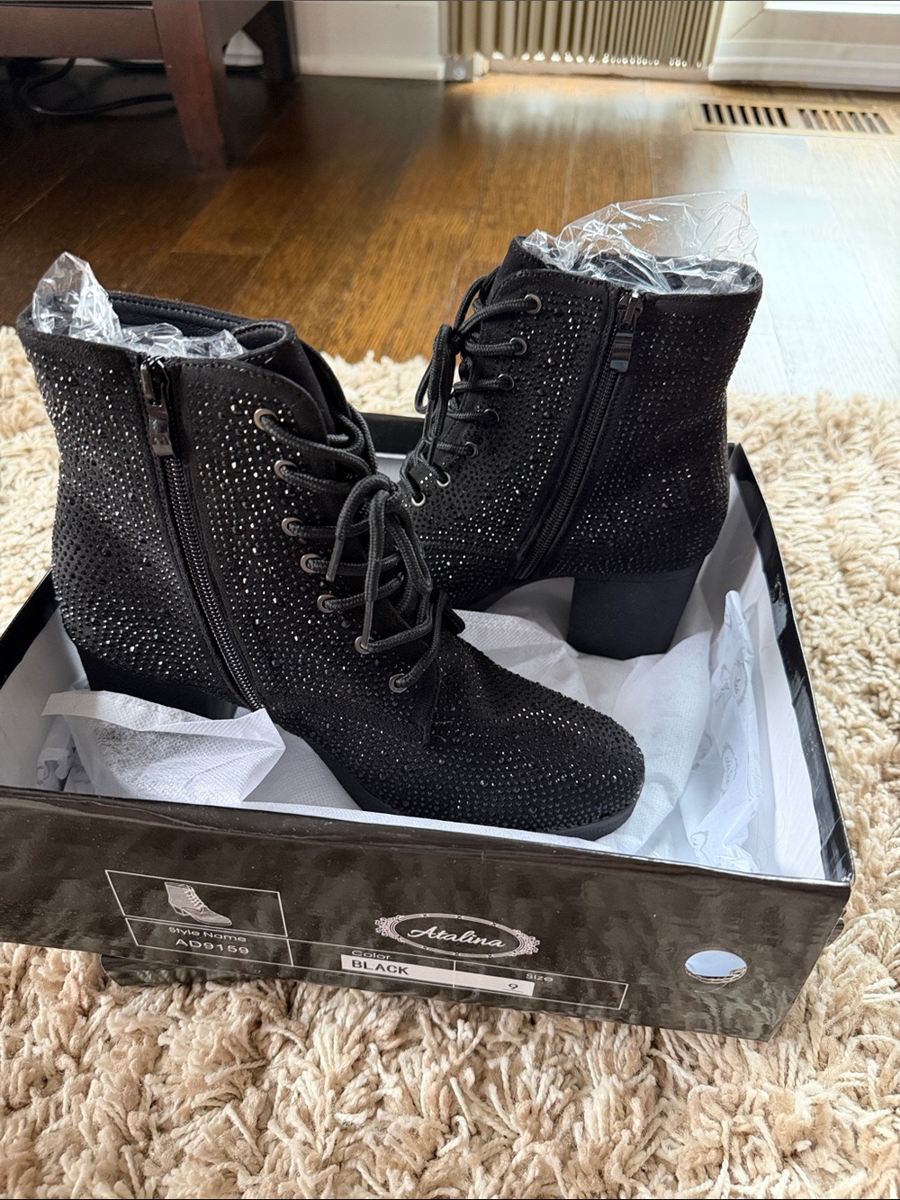Women size 9 Atalina NIB Black Rhinestone Lace-Up Ankle Boots